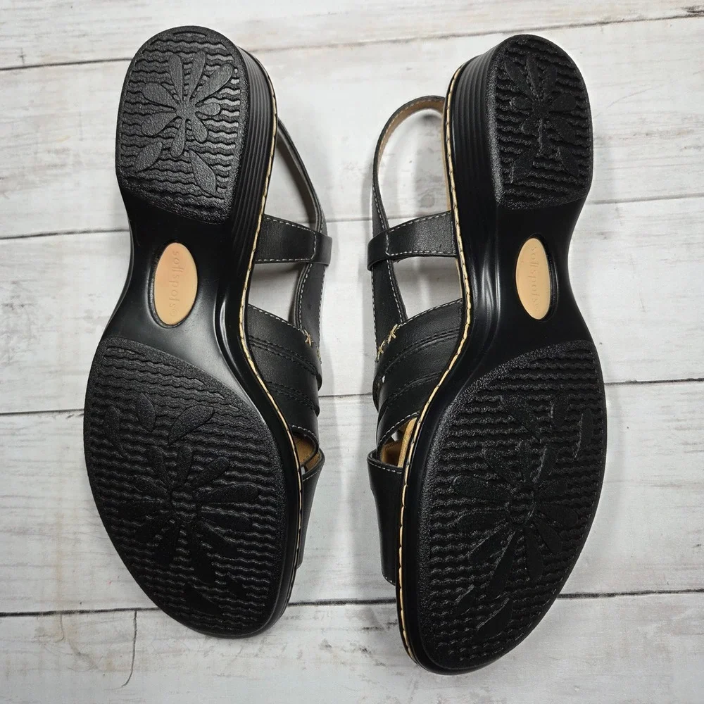 Softspots Pillowtop Leather Slingback Wedge Sandals Women 8M Black Woven Strappy